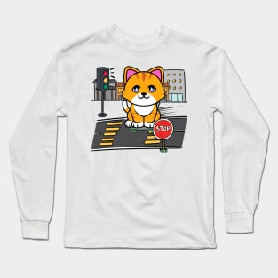 Cute orange cat is skate boarding on the street Long Sleeve T-Shirt